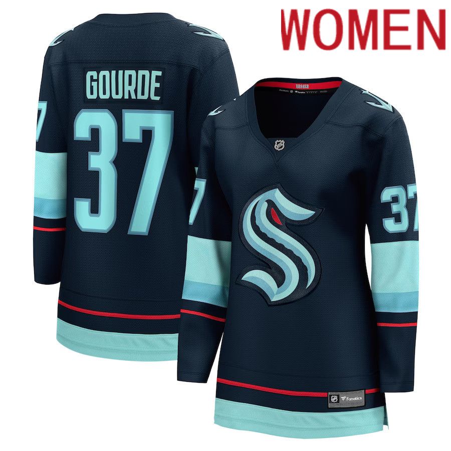 Women Seattle Kraken #37 Yanni Gourde Fanatics Branded Navy Home Breakaway Player NHL Jersey->women nhl jersey->Women Jersey